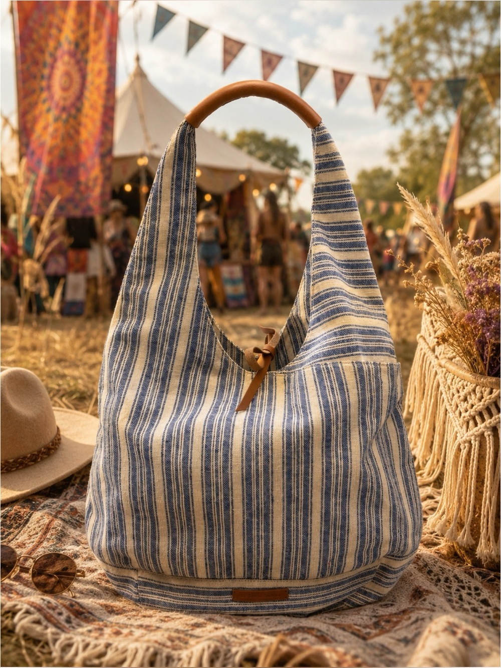Lucky Brand Canvas Hobo Bag Stripes Leather Boho Festival